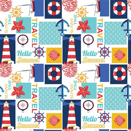 Sommer ved Havet – hvit voksduk med maritime motiver