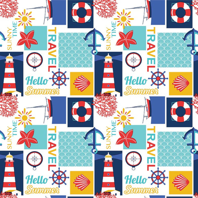 Sommer ved Havet – hvit voksduk med maritime motiver