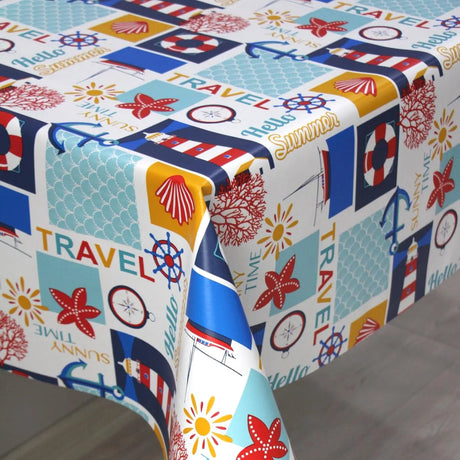 Sommer ved Havet – hvit voksduk med maritime motiver