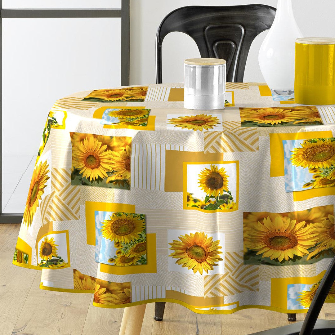 Sunflower - Rund voksduk med solsikker, Ø 155 cm