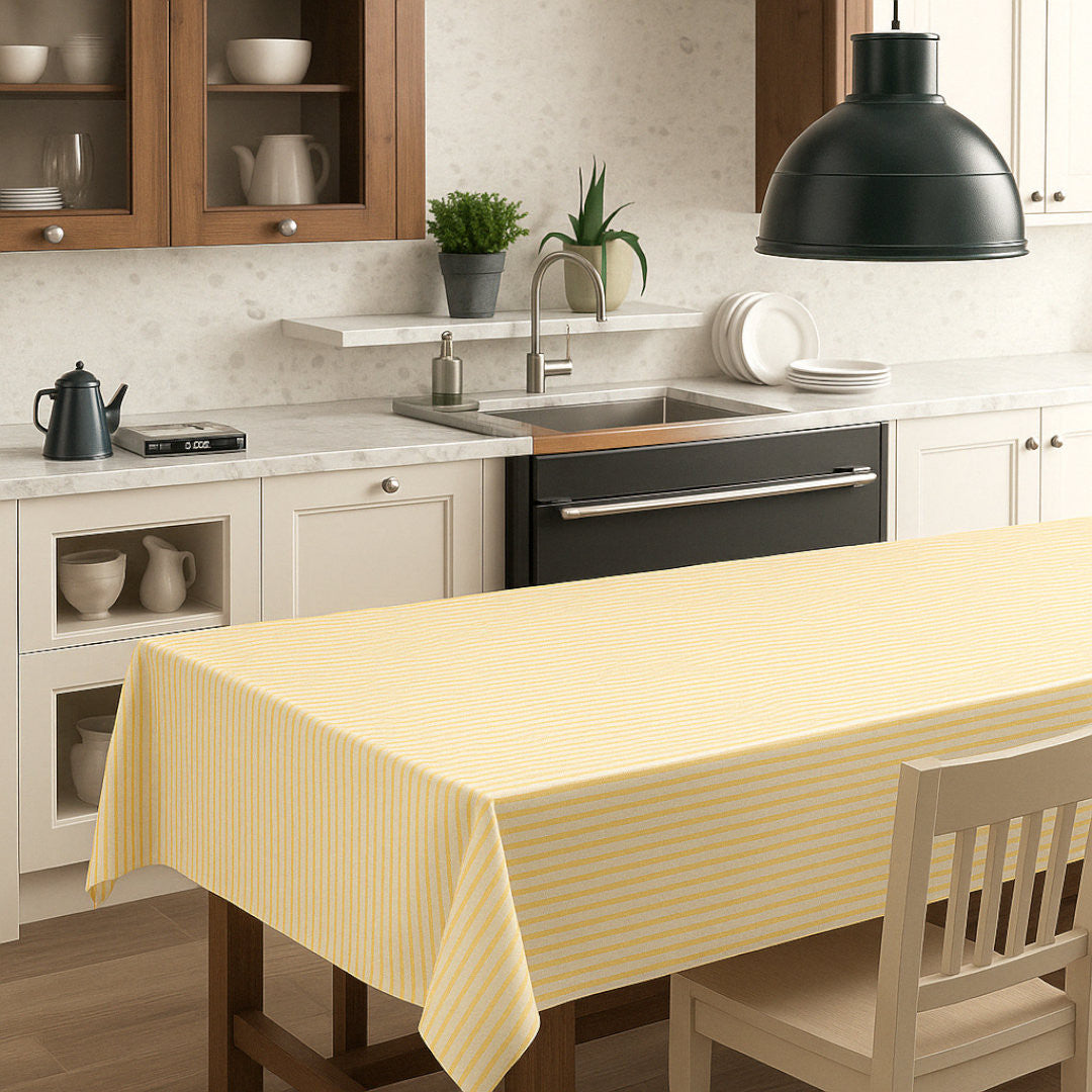 Sunna Yellow - Voksduk med striper og hørlook