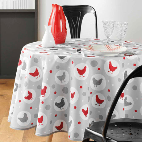 Suzette Natural - Rund voksduk med høner, Ø 155 cm