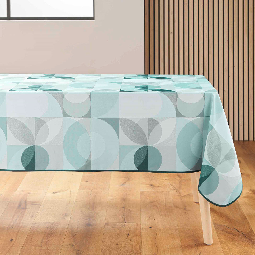 Tessouro Sage rektangulær bordduk med sirkulære mønstre i grønne og grå nyanser