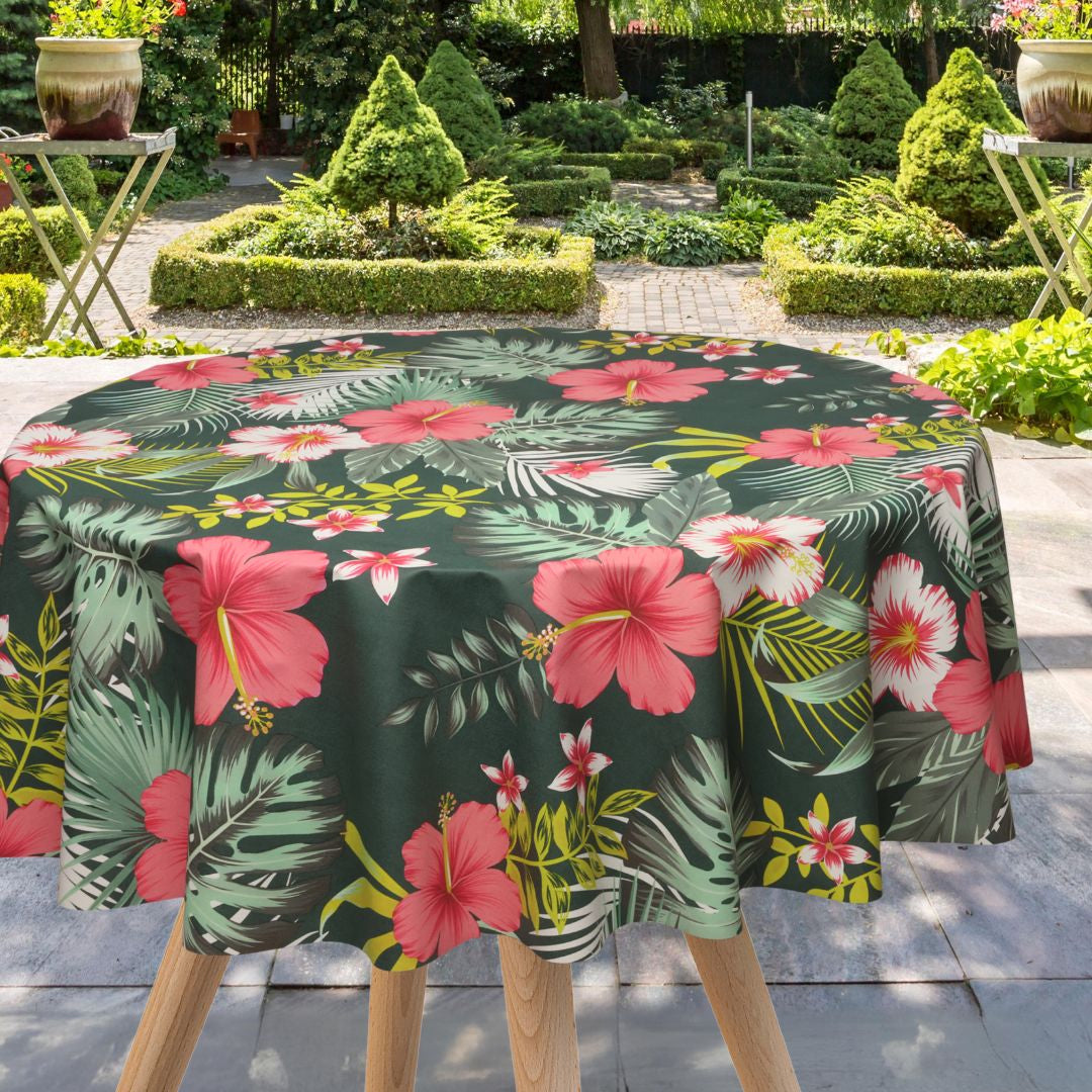 Textilia Bella – Rund mørk voksduk med blomster og blader