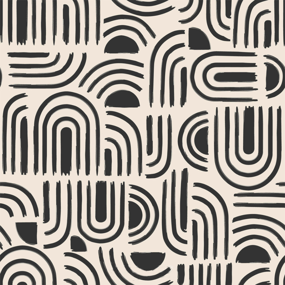 Nærbilde av Textilia Pandorine Sort voksduk med grafisk mønster