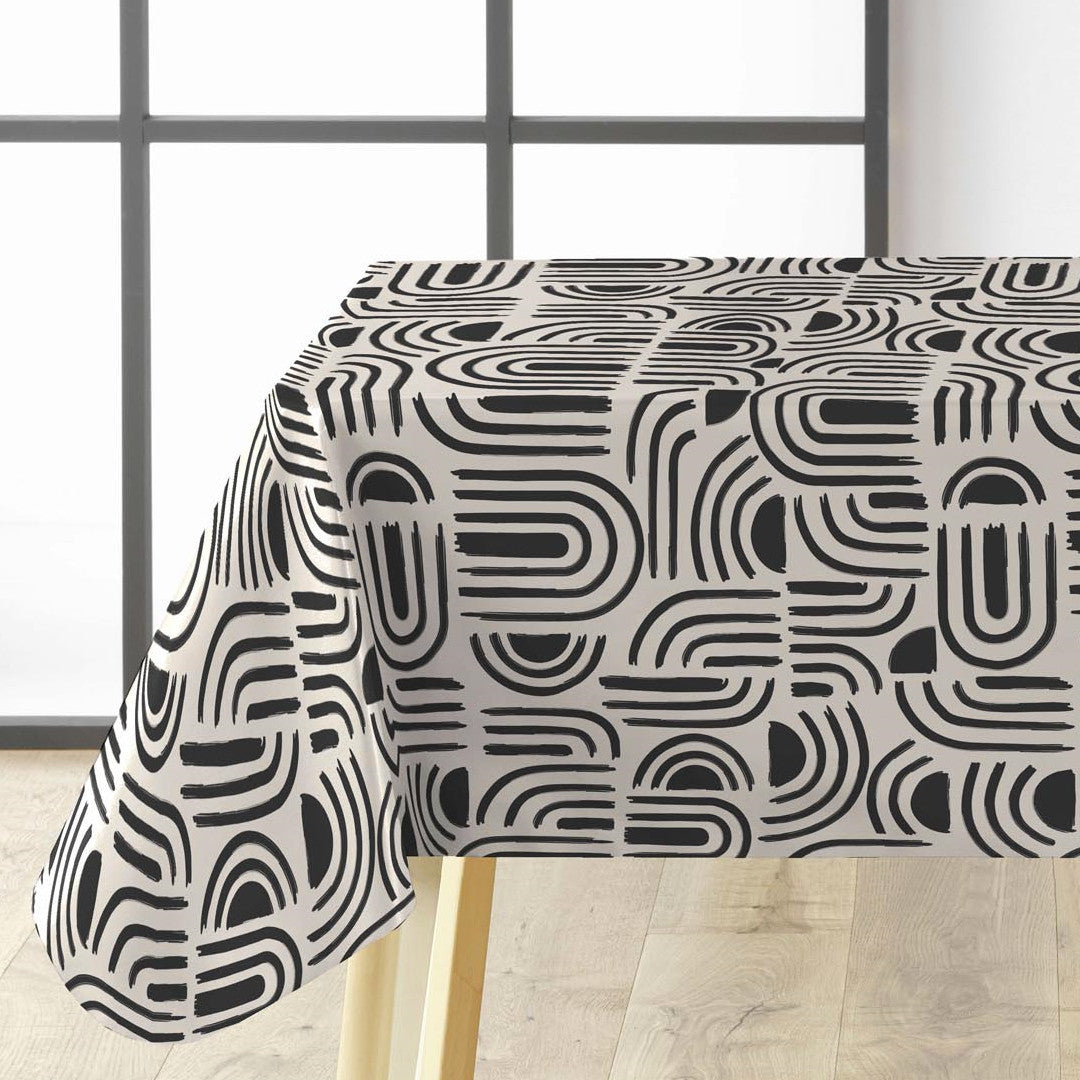 Textilia Pandorine Sort voksduk med svart buet mønster på lys bunn