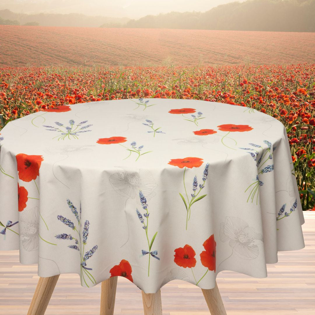 Textilia Sisteron – Lys grå/beige voksduk med valmuer og lavendel