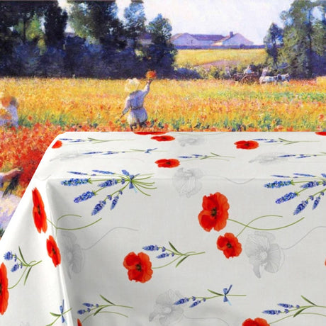 Textilia Sisteron – Lys grå/beige voksduk med valmuer og lavendel