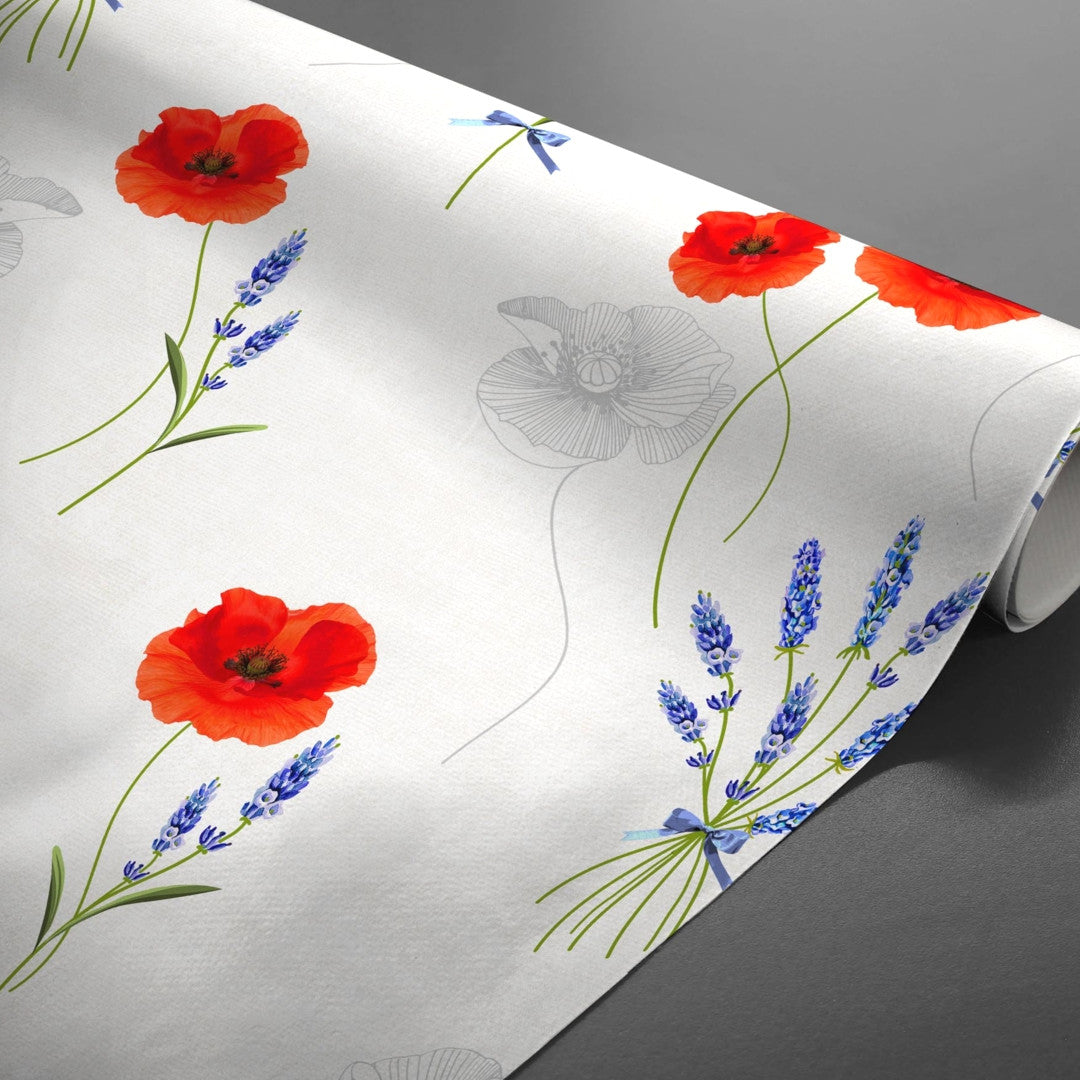 Textilia Sisteron – Lys grå/beige voksduk med valmuer og lavendel