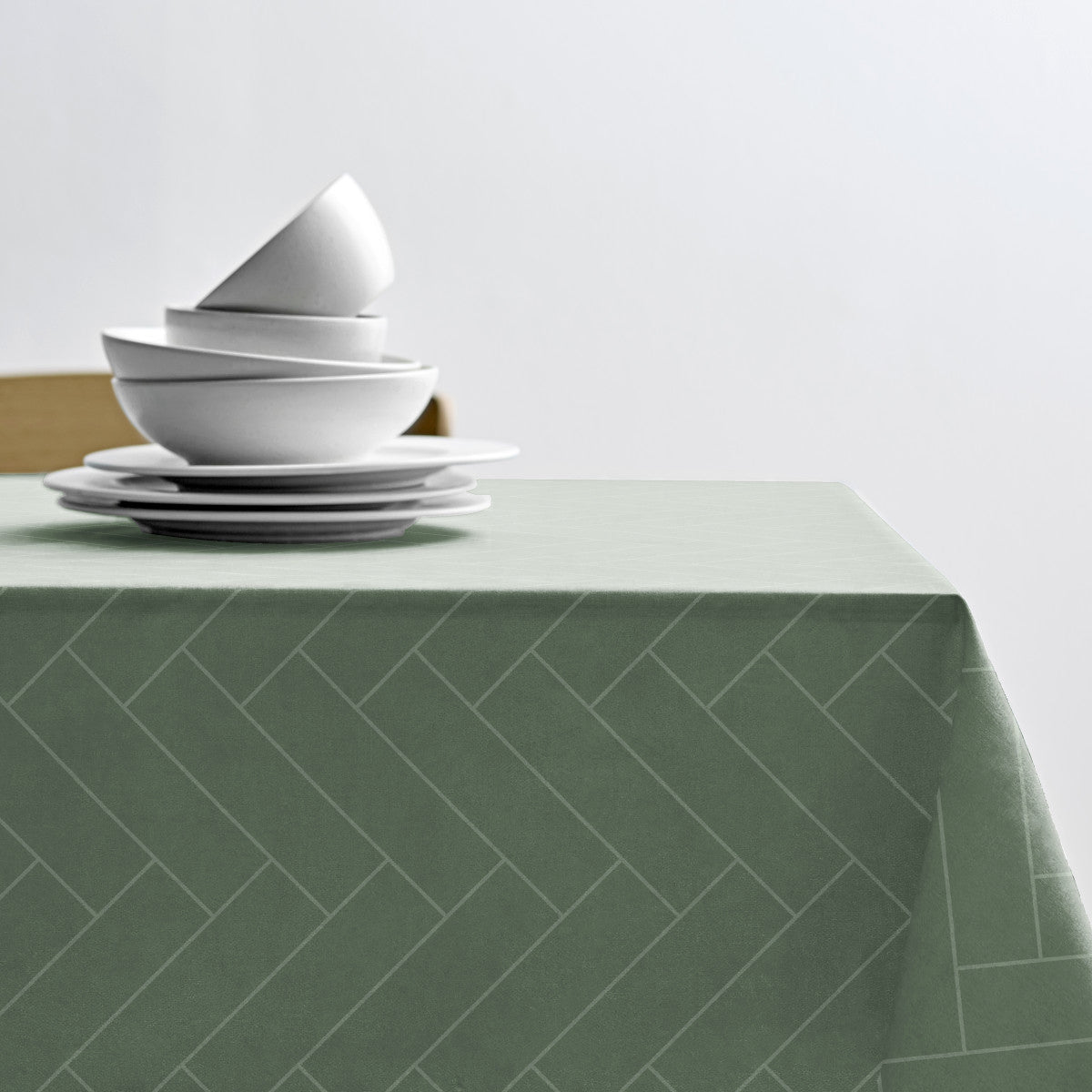 Tiles Hedge Green – Södahl damaskvevd akrylduk i 100 % bomull med antiskli, miljøbilde