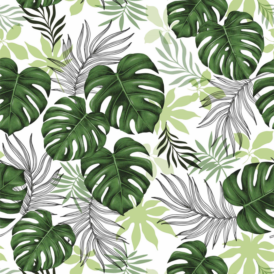 Tropeland – hvit voksduk med grønne eksotiske blader