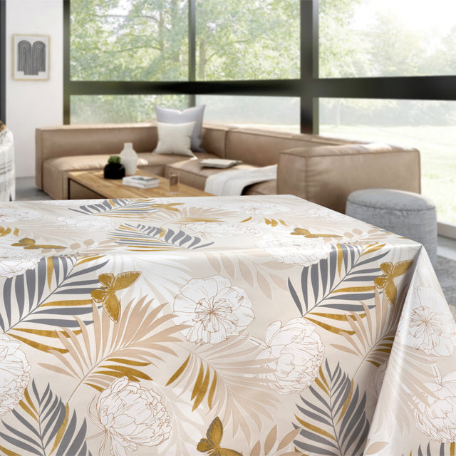 Tropisk Hage – lys kremfarget voksduk med tropiske planter