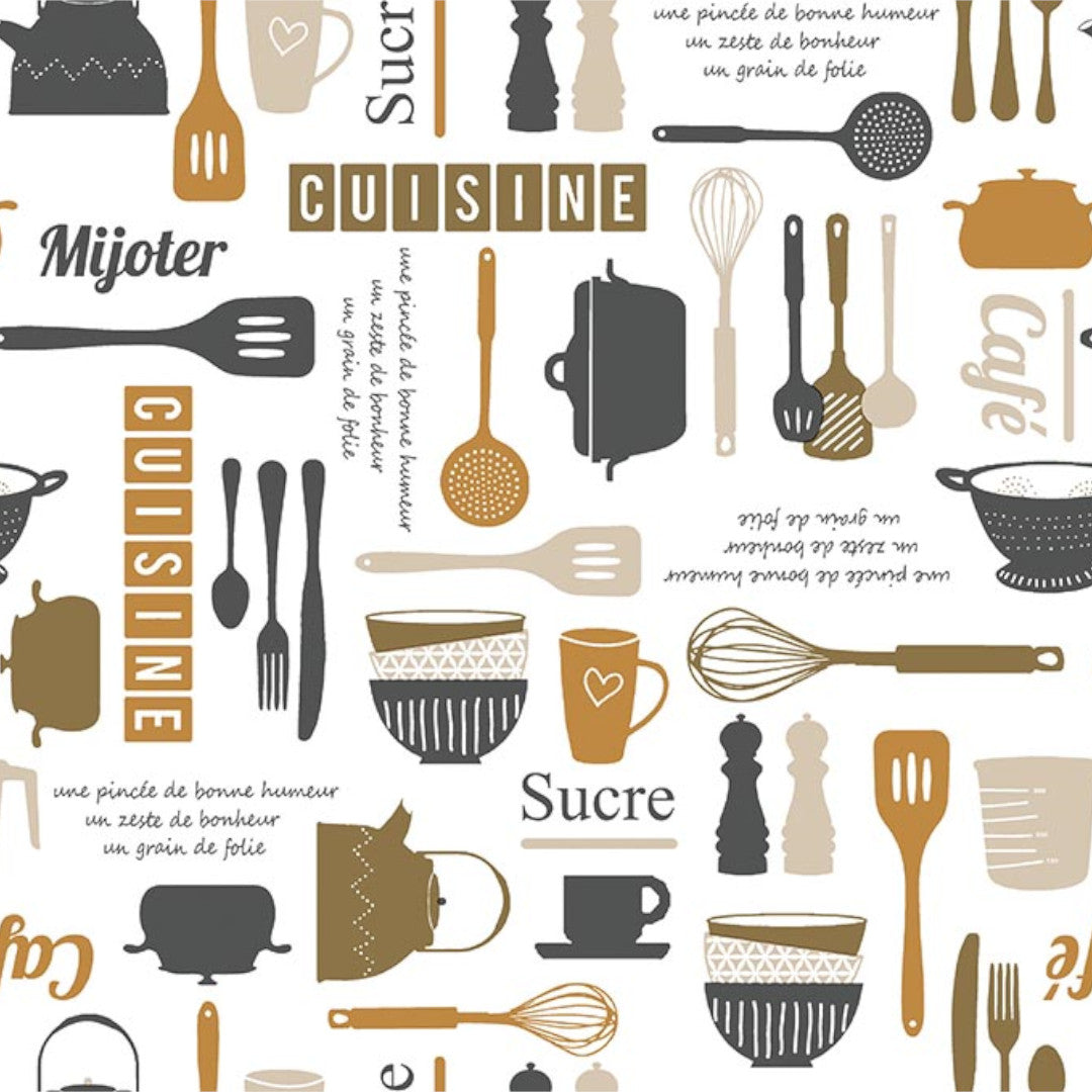 Velkommen til Kjøkkenet – Hvit voksduk med diverse kjøkkenredskaper