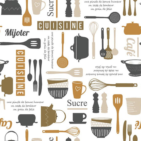 Velkommen til Kjøkkenet – Hvit voksduk med diverse kjøkkenredskaper