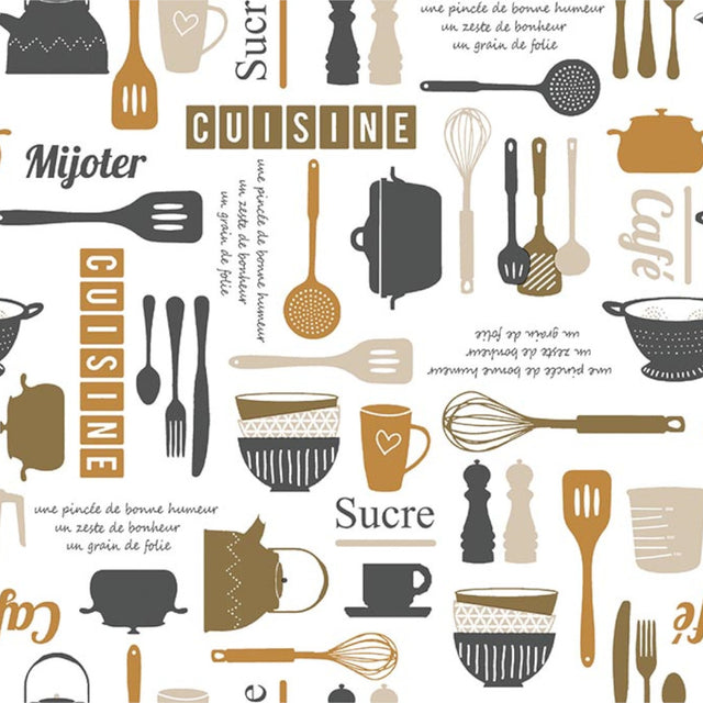 Velkommen til Kjøkkenet – Hvit voksduk med diverse kjøkkenredskaper