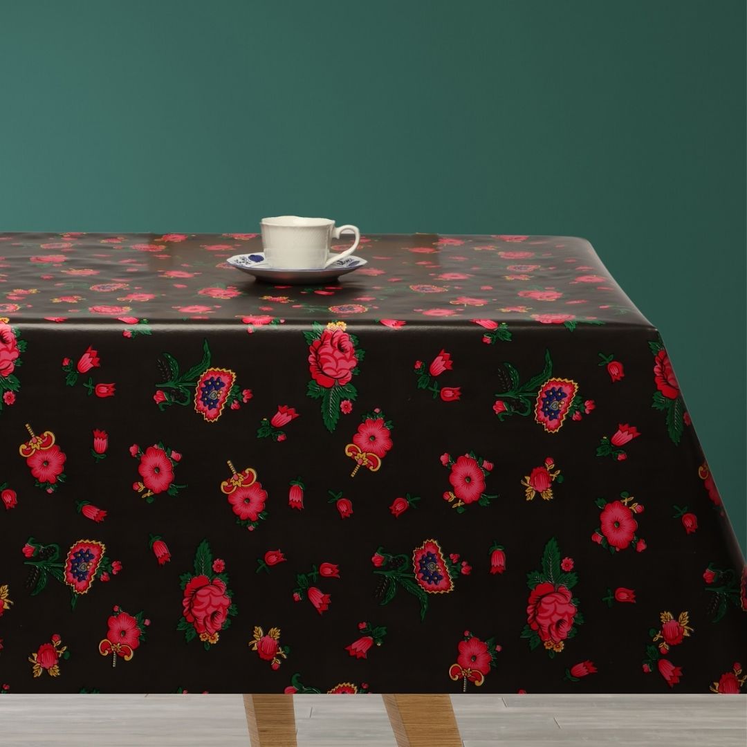 Vintage Blomster – Voksduk i brun med røde roser