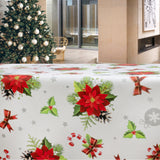 Vinterhvit Jul – voksduk med røde julestjerner og juletrær