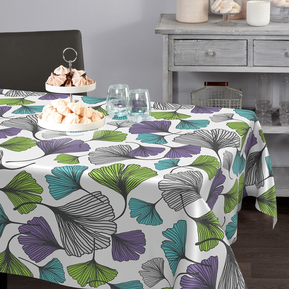 Ginkgo – Voksduk med ginkgo biloba-blader i lilla, grønn, turkis og grå