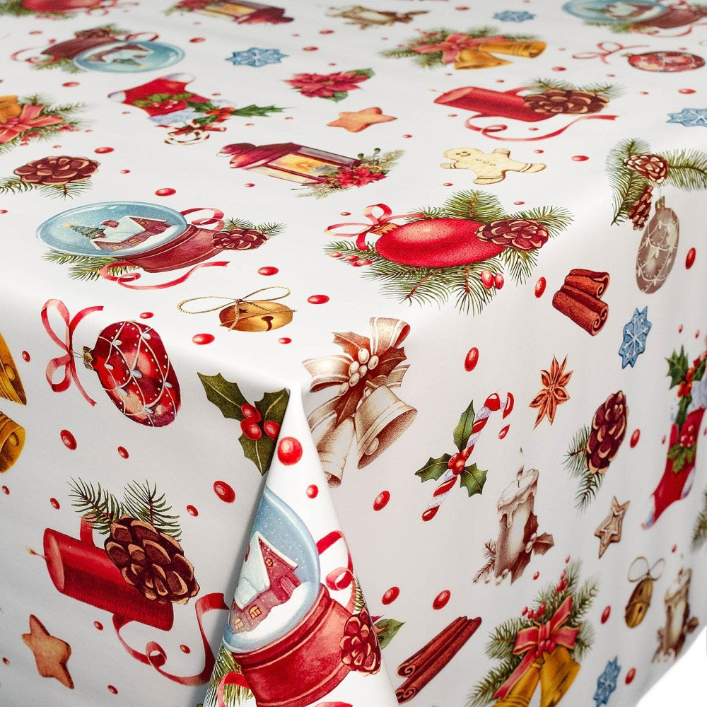 Voksduk med julelanterner med mer, 140 cm bred