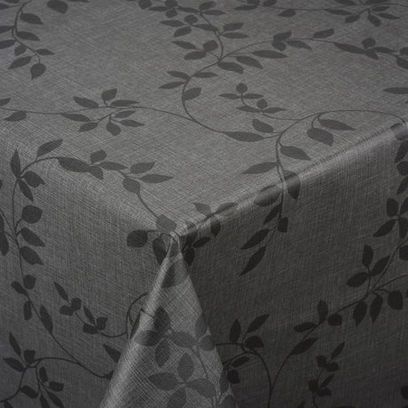 Voksduk med linlook og klassisk bladmønster, antrasitt
