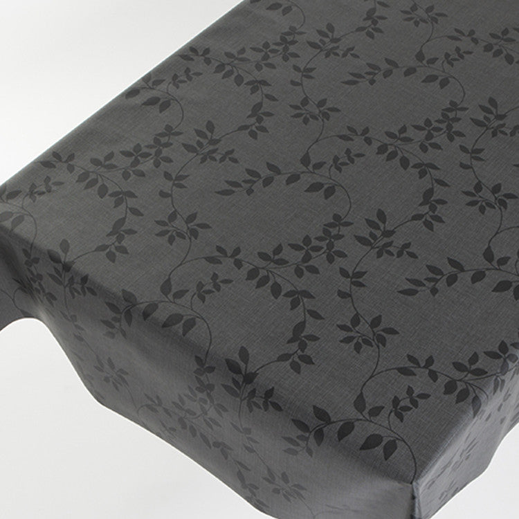 Linette Voksduk Antrasitt, linlook med blader, 140 cm bred