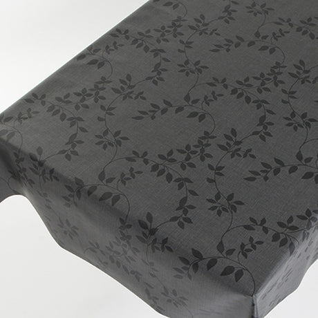 Linette Voksduk Antrasitt, linlook med blader, 140 cm bred