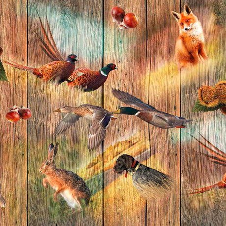 Voksduk med jakt og dyr på treplanker