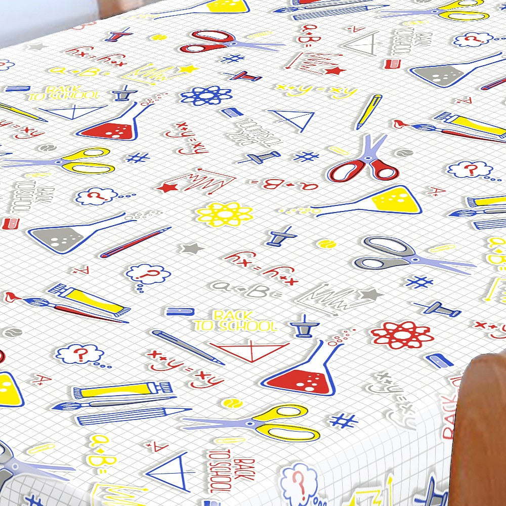 School - Vi eksperimenterer, voksduk med motiver fra skolens litt eldre klasser