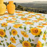 Solsikker – voksduk i gule og oransje farger på hvit bunn, 140 cm