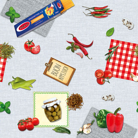 Spaghetti no.3 Buon Appetito – voksduk med ingredienser til god mat