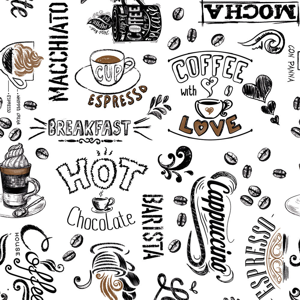 Værsgo, kaffen er servert – voksduk med tekster, kopper og kaffebønner