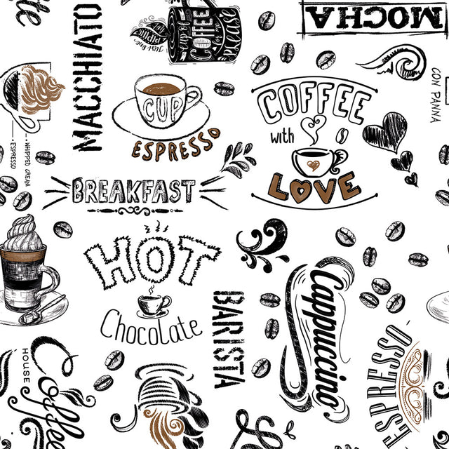 Værsgo, kaffen er servert – voksduk med tekster, kopper og kaffebønner