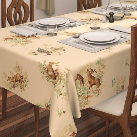 Varena Beige, voksduk med jaktmotiver i retrostil