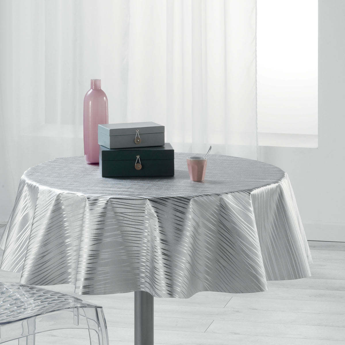 Metallise Wavy grå - Rund voksduk, Ø 155 cm