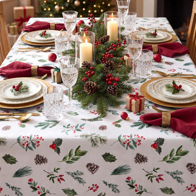 Winter Botanicals Hvit – Juleduk med flekkavvisende behandling 150 x 300 cm